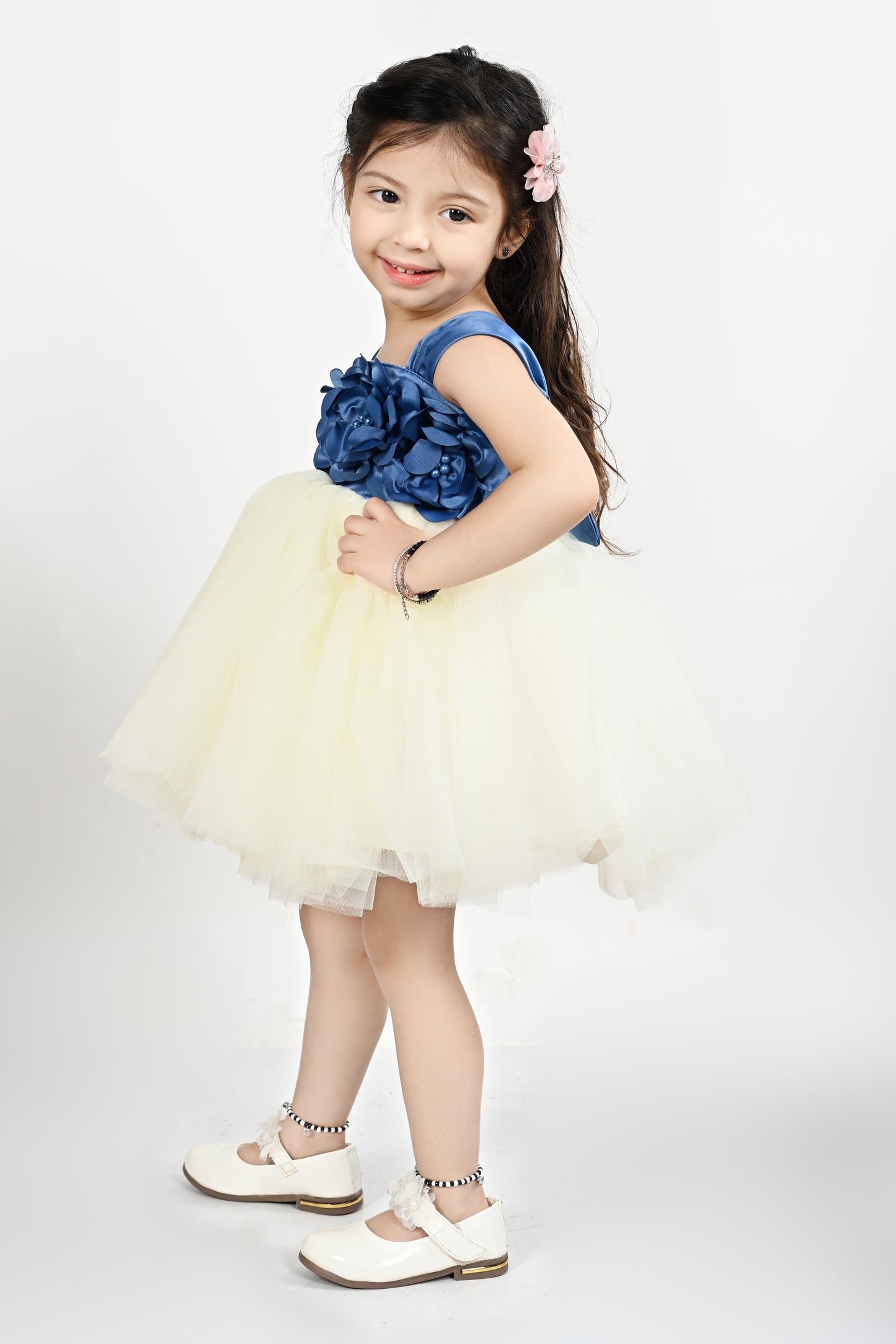 Floral Satin top with net flare 24HA00534 Blue