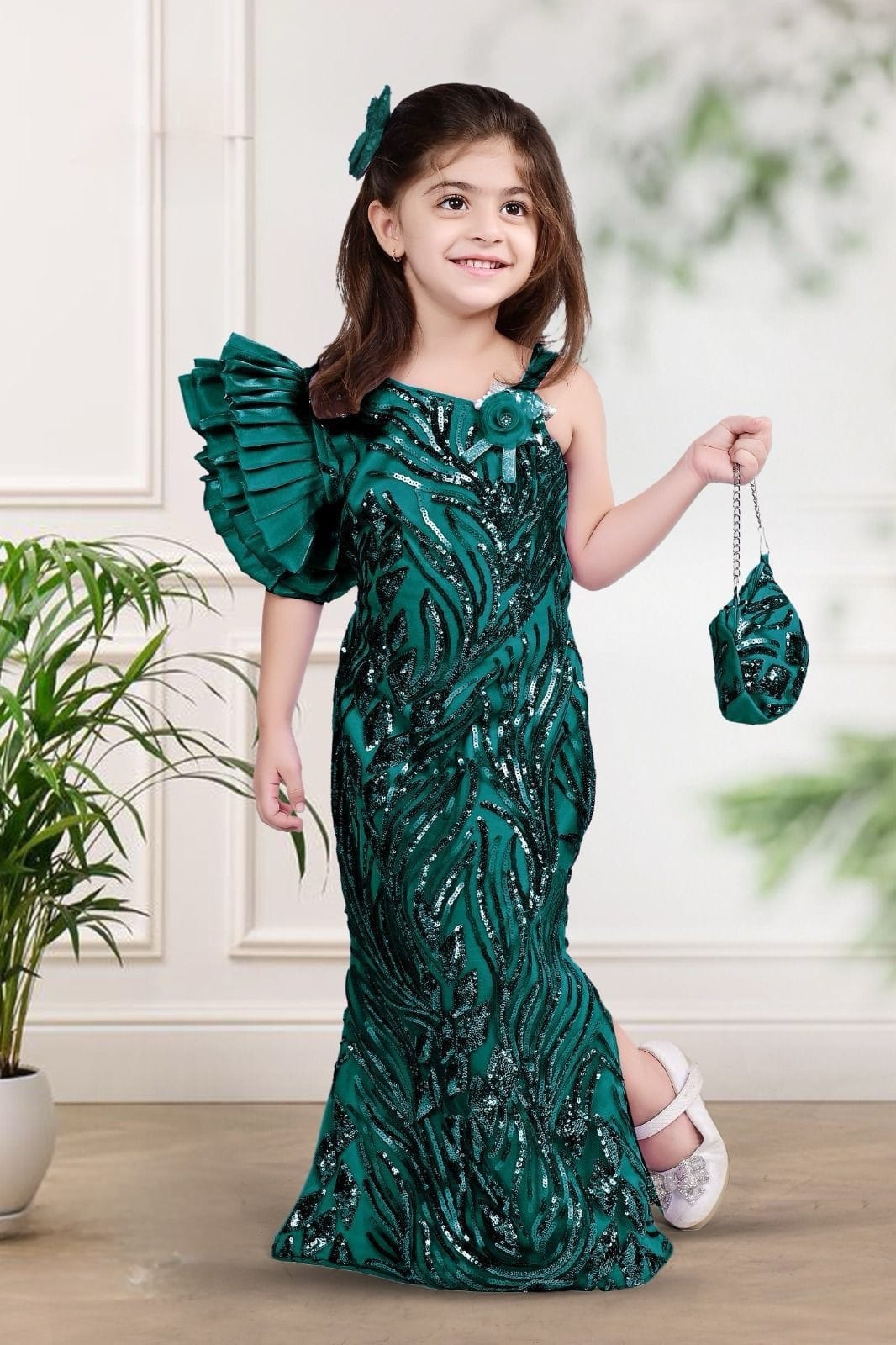 Western Gown Sequin Bodyfit off shoulder side cut 2232 Green